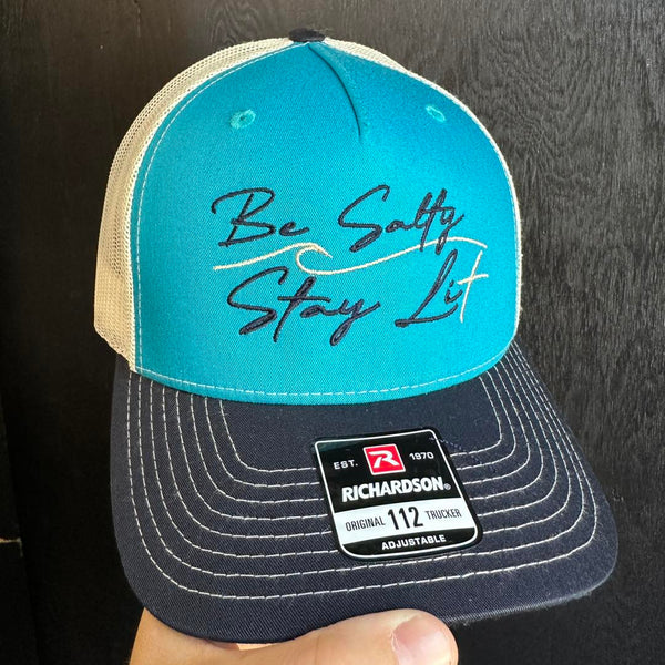 Blue and black cap with 'Be Salty Stay Lit' text made in Volga SD
