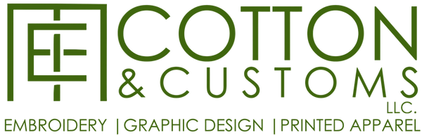 Logo of Cotton & Customs with text about embroidery, graphic design, and printed apparel.
