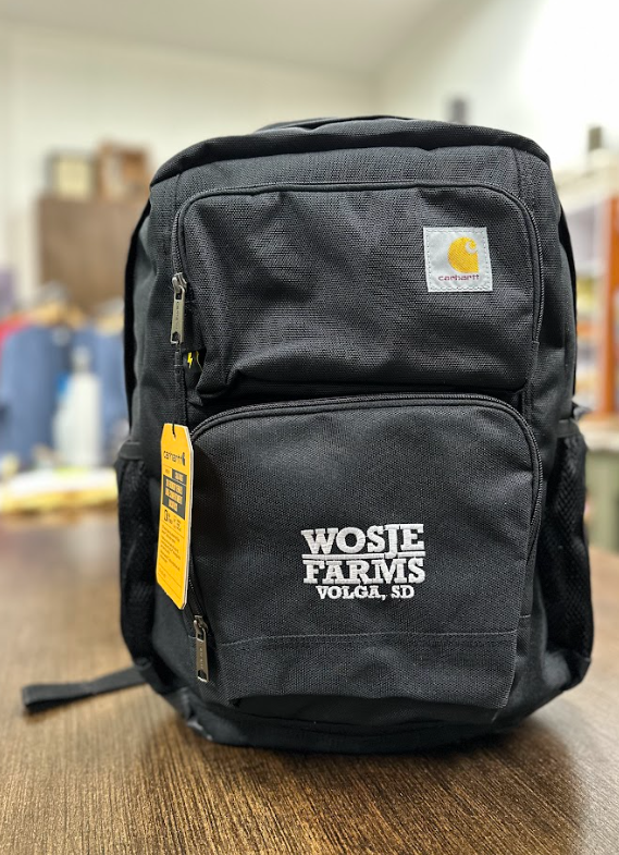 Black Carhartt Backpack with custom farm logo embroidered on the pocket