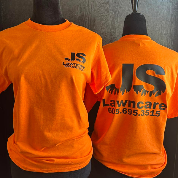 Two orange t-shirts on mannequins with 'JS Lawncare' screen printed branding.