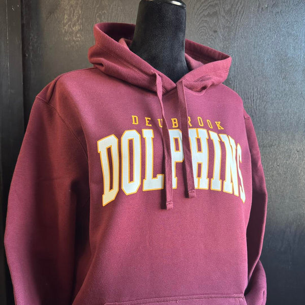 Maroon hoodie with screen printed 'Deubrook Dolphins' text on a mannequin against a dark background made by Cotton and Customs