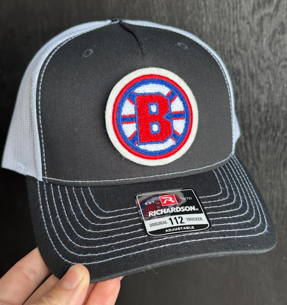 Chenille Patch with Brookings Rangers Logo on a black and white 112FP hat