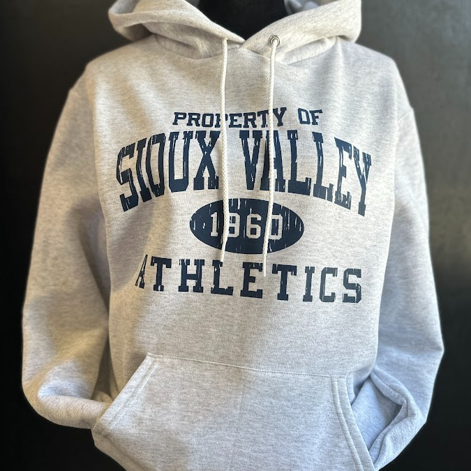 Gray hoodie with 'Property of Sioux Valley Athletics 1960' text on a black background