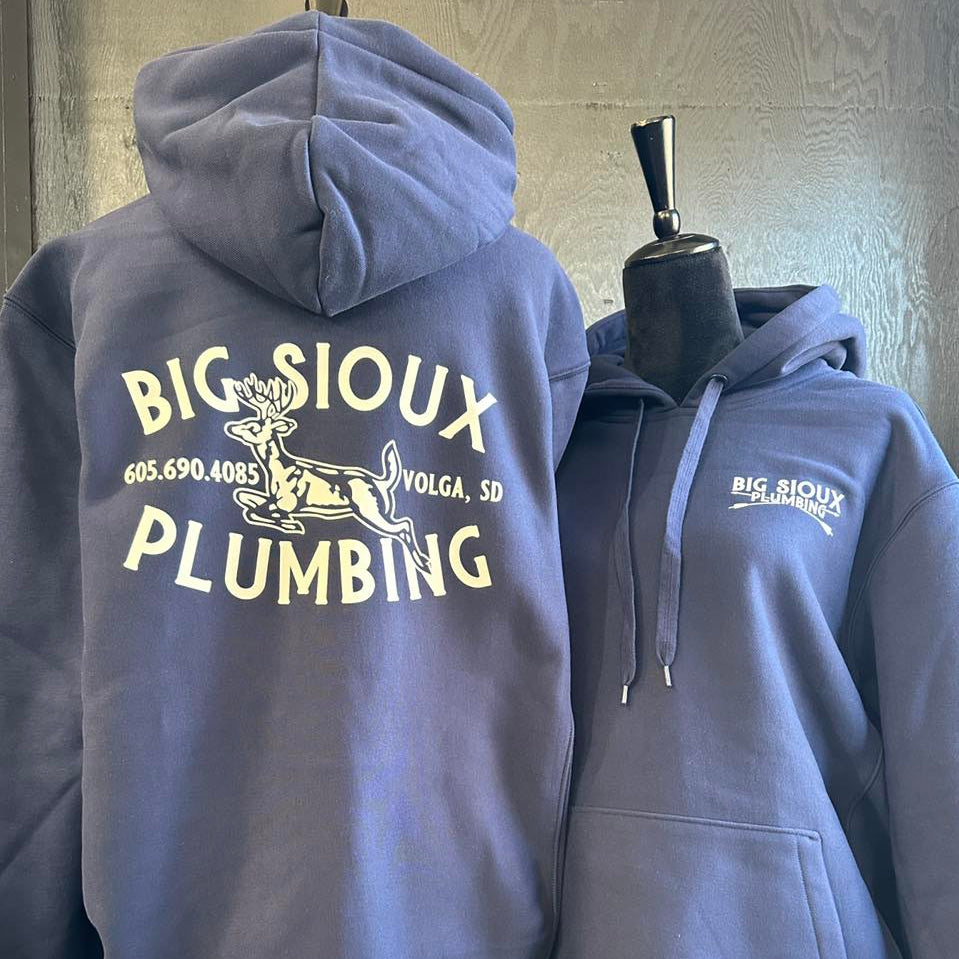 Blue hoodie with 'Big Sioux Plumbing' screen printed branding on a mannequin against a neutral background. Sport Tek Hoodie